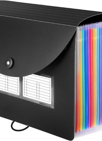 Sooez 24 Pockets Expanding File Folder with Blank Labels, According File Organizer with Expandable Cover, Desktop Accordion Folders Letter A4 Paper Document Storage Organizer, Black